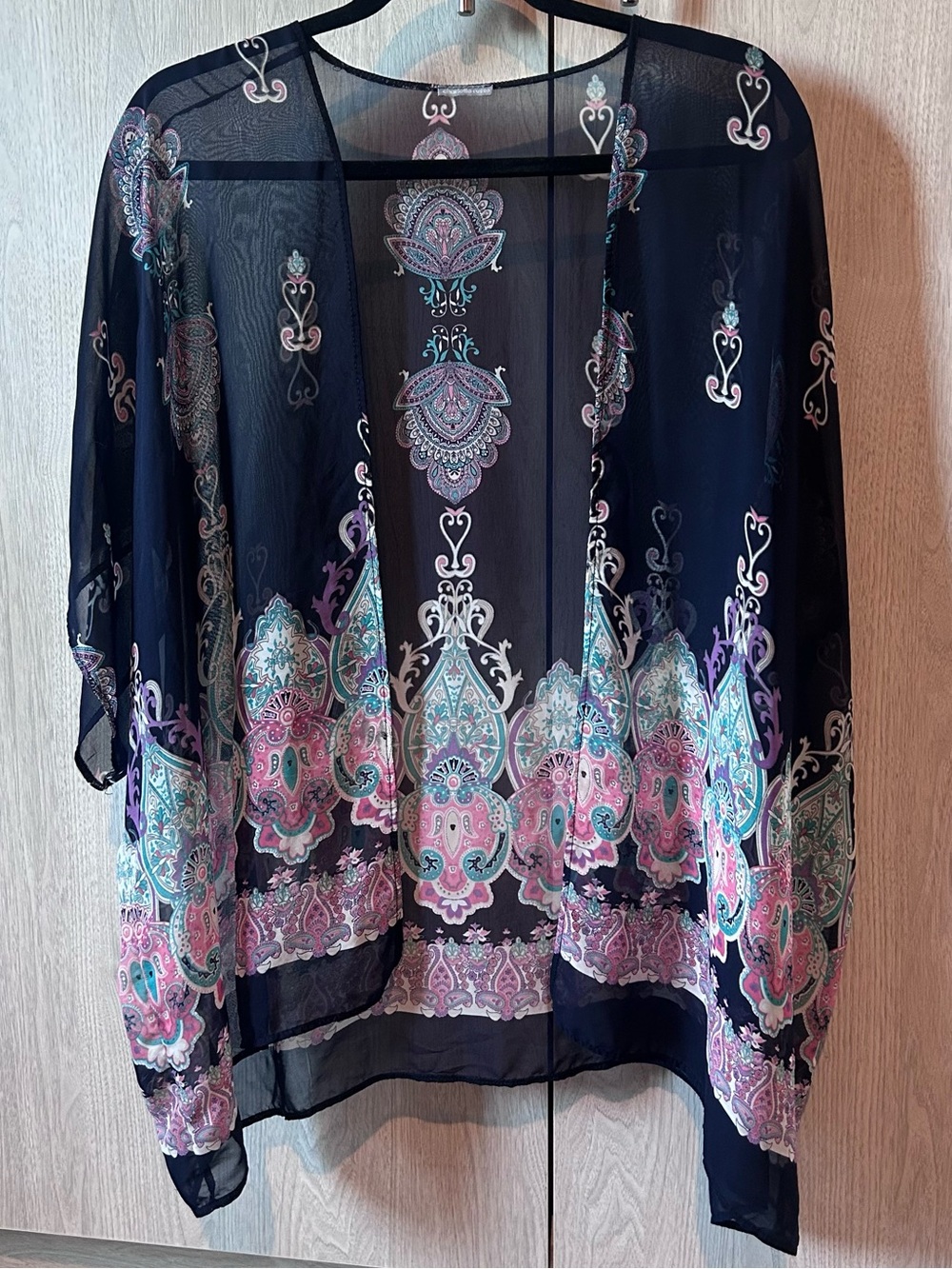 Charlotte Russe Sheer Navy Paisley Open Front Kimono Cardigan Cover Up